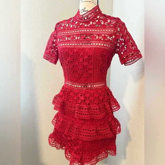 Self-Portrait Vibrant Red Lace Dress - Picture 3 of 8